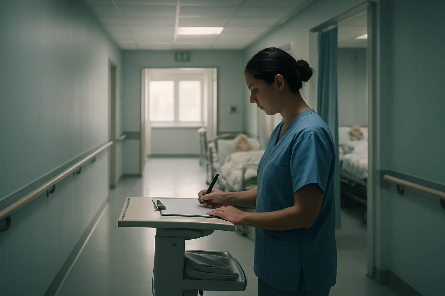 Infirmière notant une observation clinique dans une unité de gériatrie, terrain typique d'un TFE en soins infirmiers